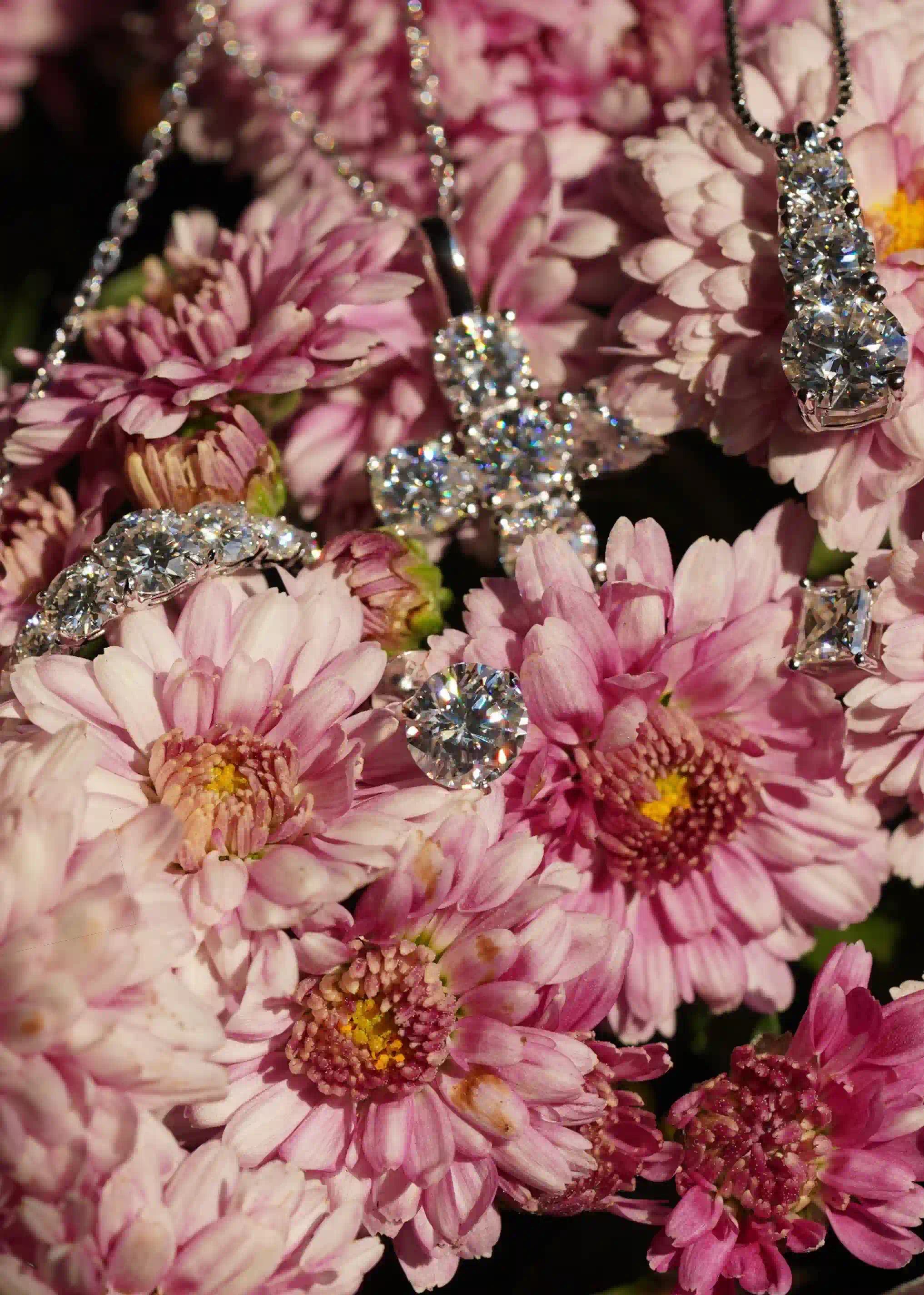Moissanite Schmuck auf einen Pinken Blume in Funkelndem Sonnen licht mit Moissanite Steinen