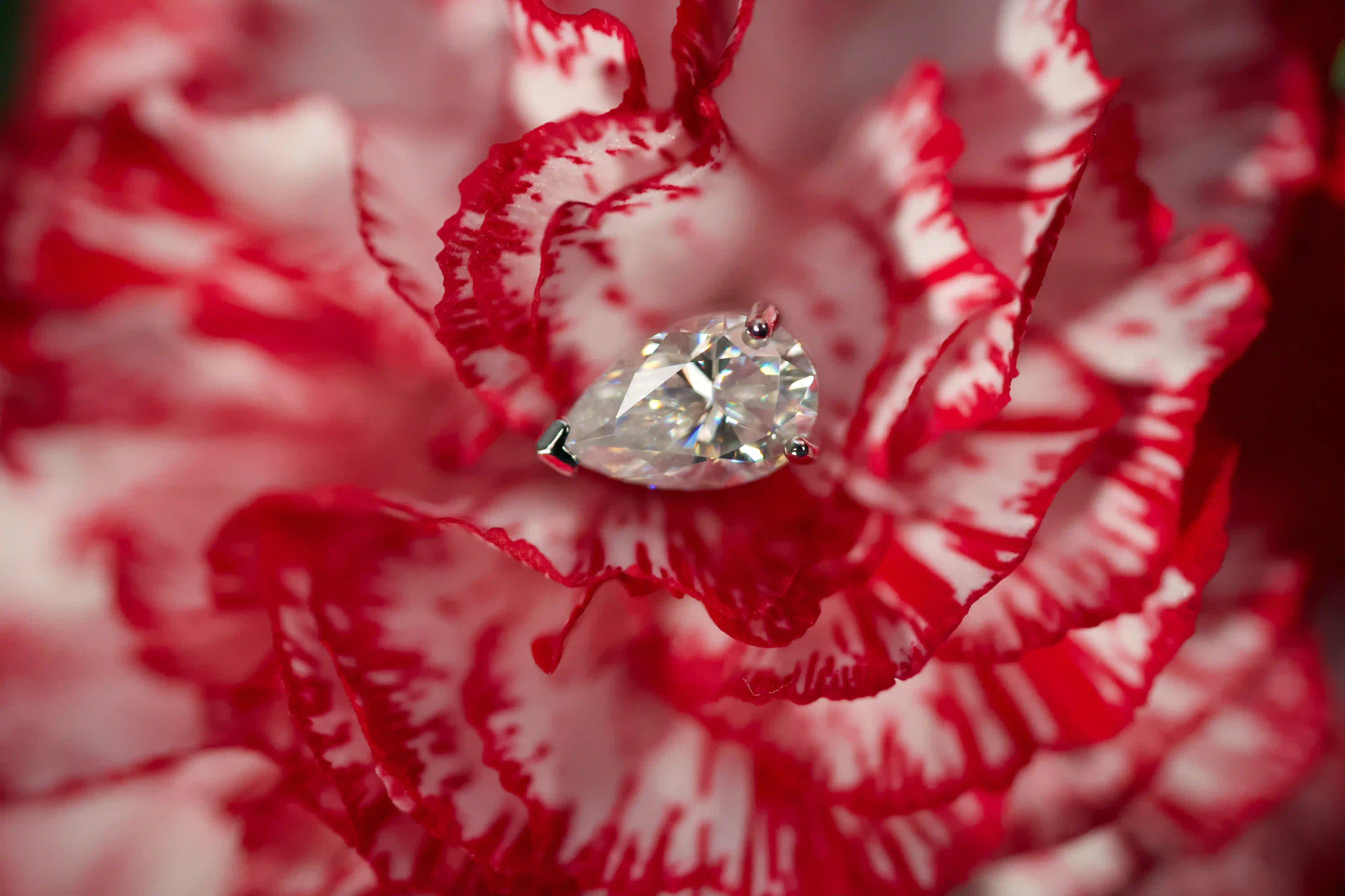 Echte Makroaufnahme von Moissanite Tropfenschliff Ohrsteckern im echten Licht. Stärkeres Funkeln als bei Diamanten mit diamantähnlicher Härte. Zeitloser 925 Silber & Weißgold Schmuck als besonderes Geschenk das in Erinnerung bleibt.