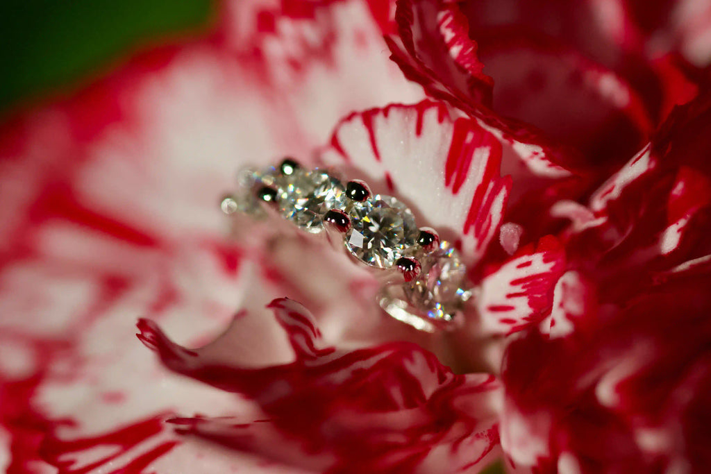 Echte Fotos von kleinen Moissanite Huggie Creolen Ohrsteckern mit 3 mm Moissanite Steinen innen und außen rundum besetzt. Stärkeres Funkeln als bei Diamanten im echten Licht trifft auf diamantähnliche Härte für robustes Tragen im Alltag. Kleine funkelnde Huggie Creolen aus 925 Silber und Weißgold als Geschenk das lange in Erinnerung bleibt.
