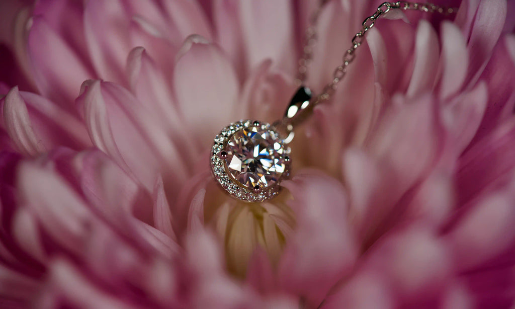 Echte Fotos einer 1ct Moissanite Halo Kette im echten Licht – stärkeres Funkeln als Diamant deutlich sichtbar – extreme Makroaufnahme in roter Blüte – zeitloses Geschenk das für immer in Erinnerung bleibt