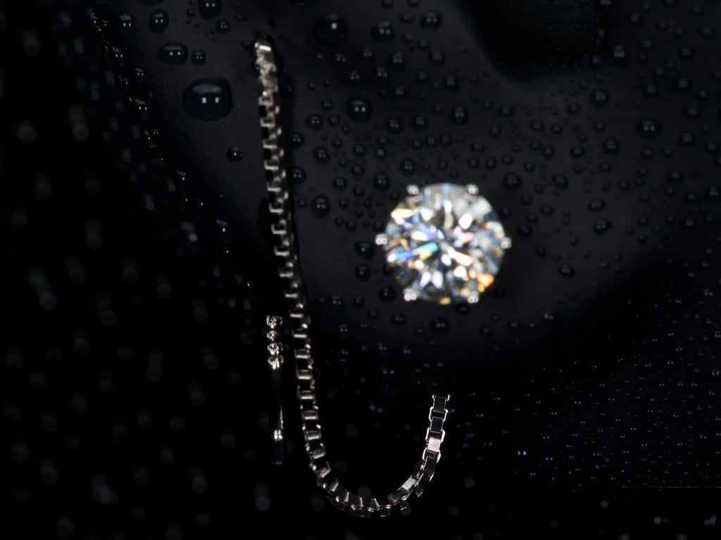 Echte Fotos im echten Licht: Moissanite Threader Ohrstecker mit Kette und 925 Sterling Silber Stempel am Stift