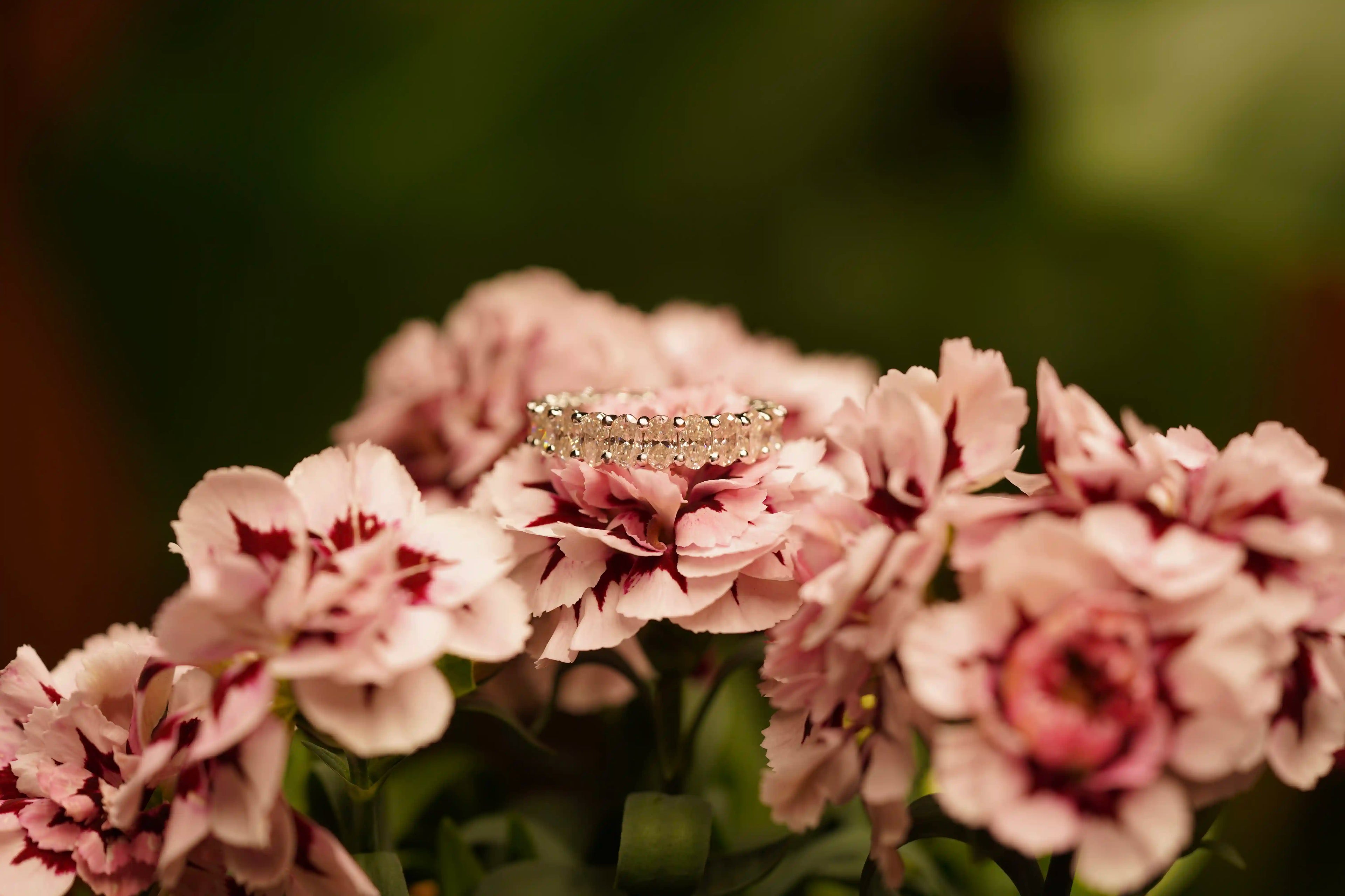Moissanite Verlobungsring aus Silber im Eternity Style auf einer bunten Blume 
