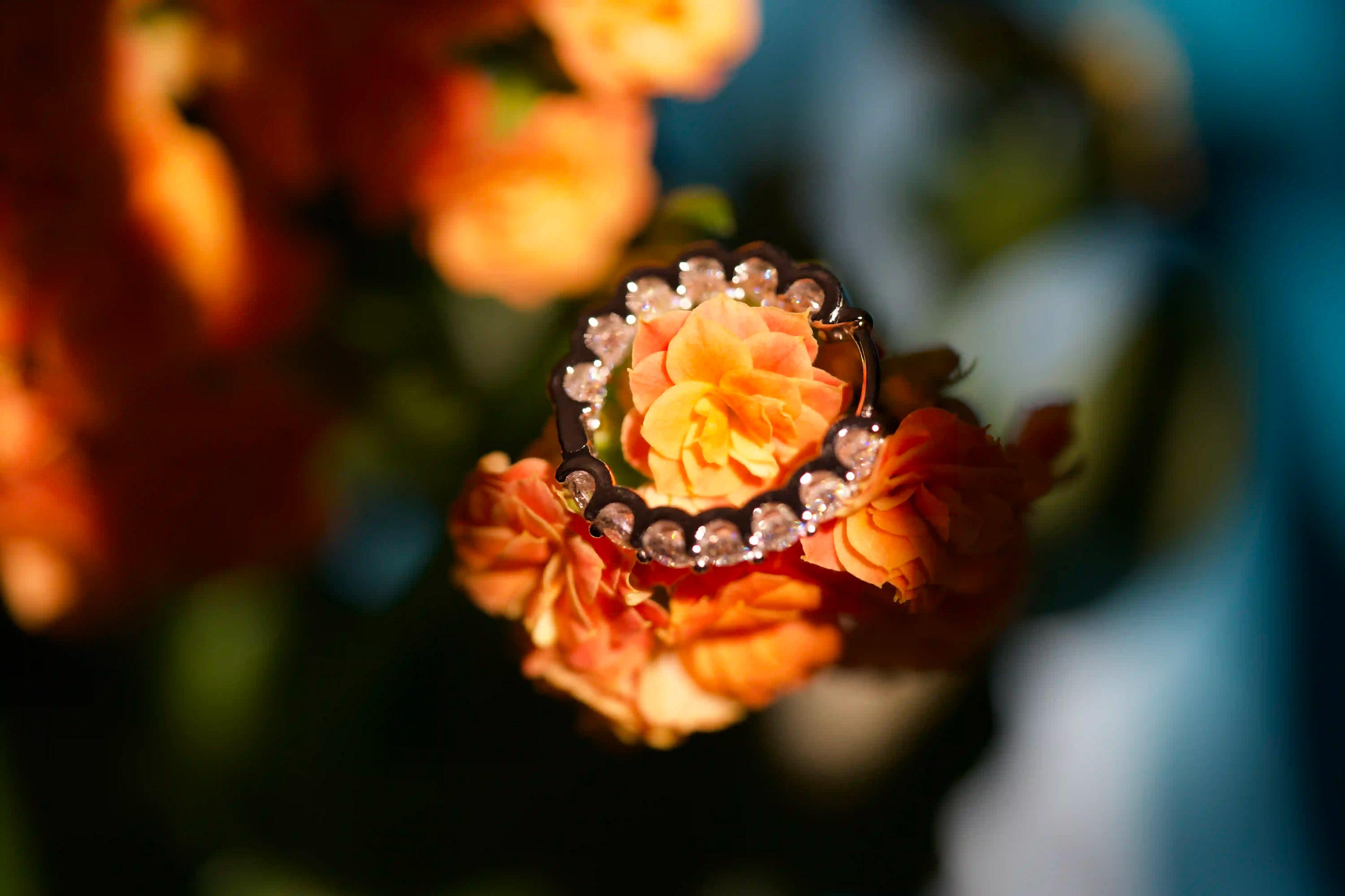 moderner Moissanite schmuck auf einer orangenen Blume im Sonnenlicht