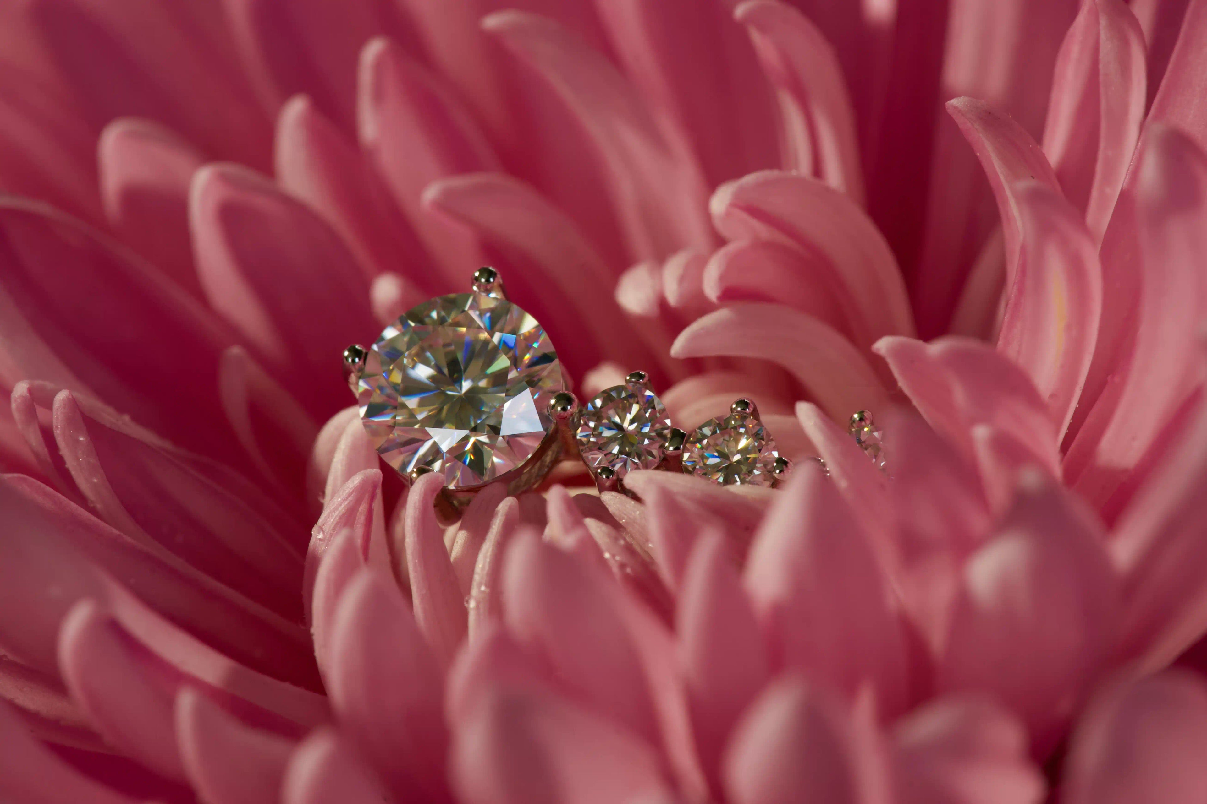 Hängende Moissanite Ohrringe mit mehreren kleinen Steinen und großem funkelnden Stein – starkes Funkeln stärker als Diamant – echte Fotos auf rosa Blume