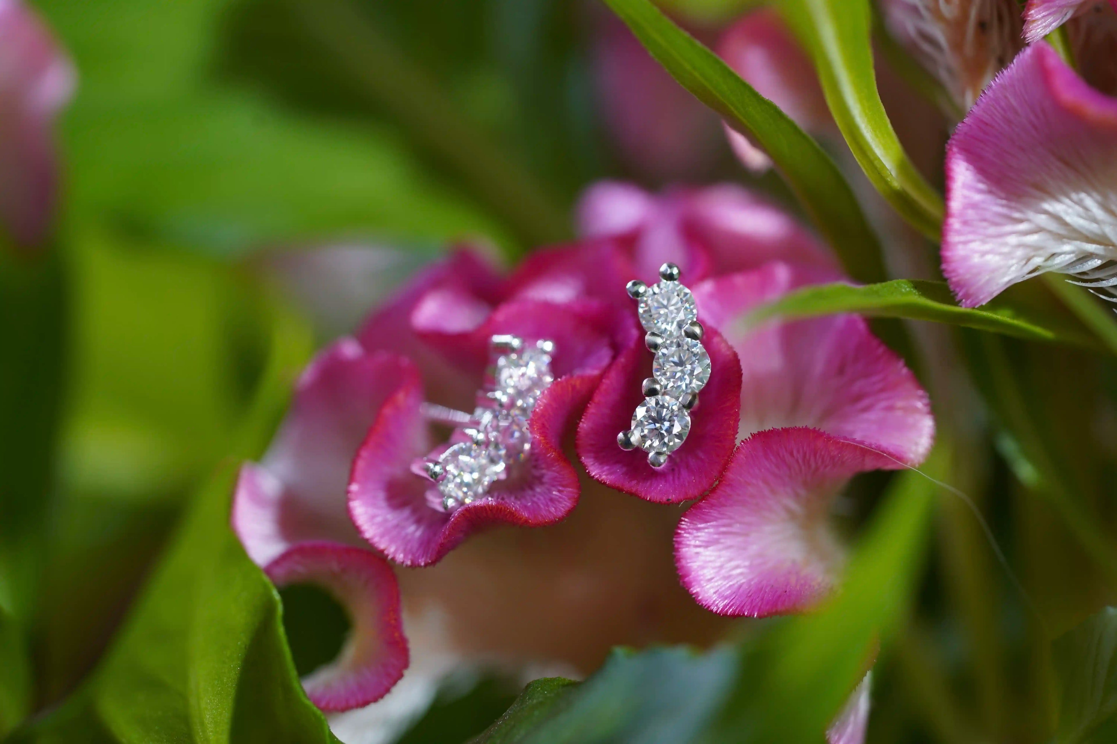 Edle Moissanite Ohrringe mit drei perfekt geschliffenen Steinen – luxuriöser Moissanite Schmuck aus Sterling Silber, modern und vielseitig.
