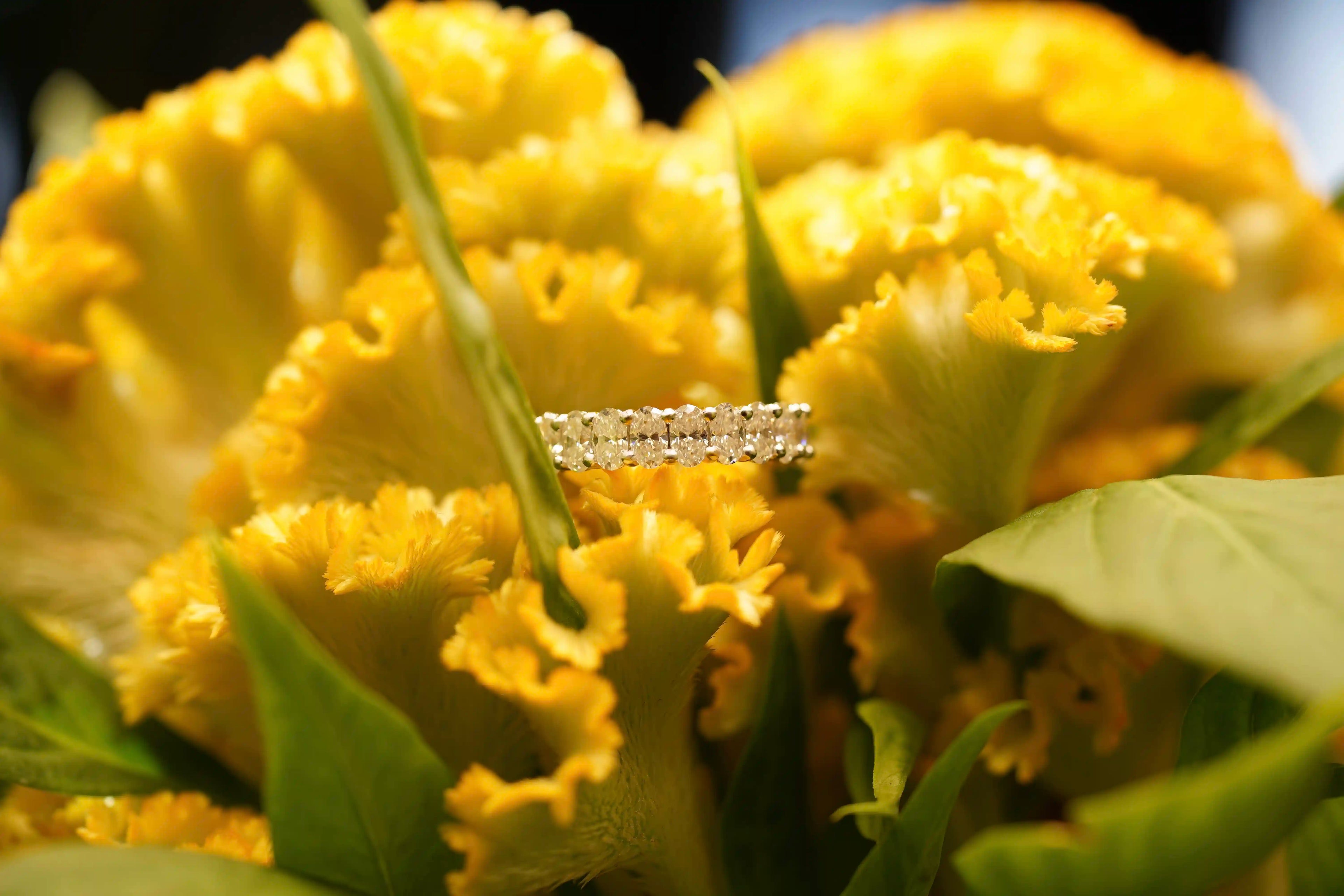 Moissnaite Schmuck Eternity Ring aus Sterling Silber in einer Gelben Blume fotografiert