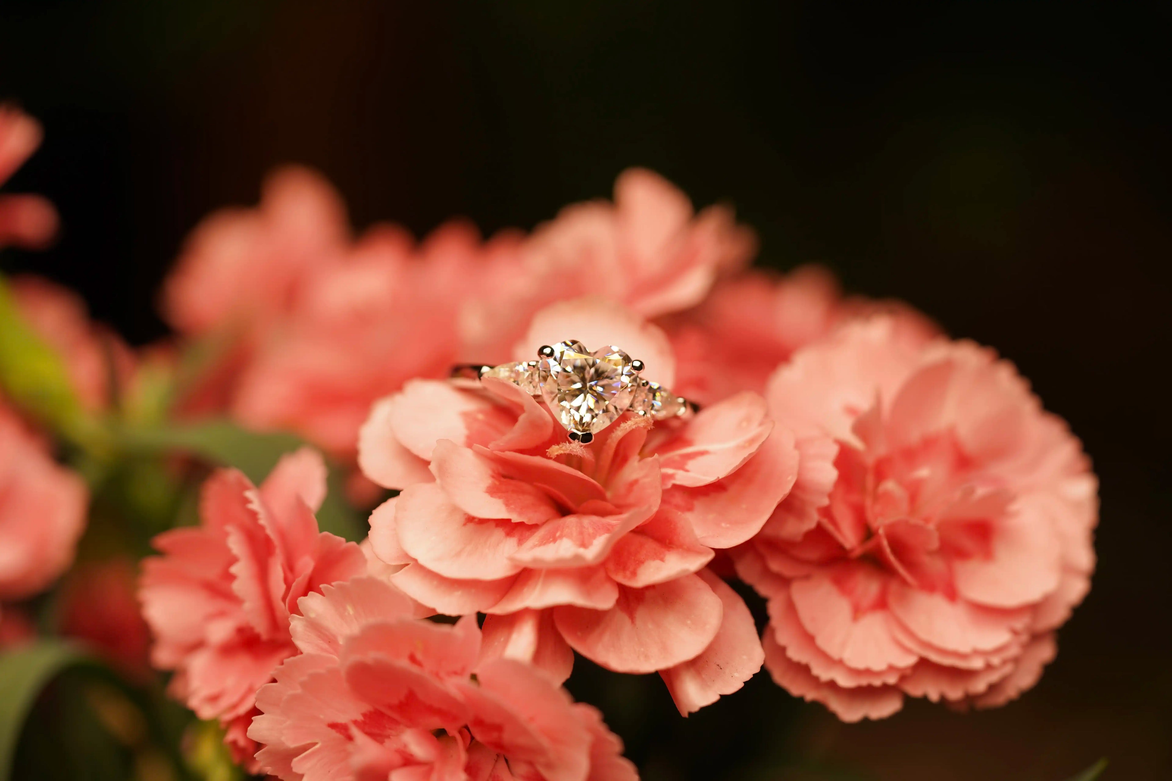 Echte Fotos: Moissanit Solitaire Ring auf Blume – intensives Funkeln stärker als Diamant, 925 Silber & Weißgold, kein Fake