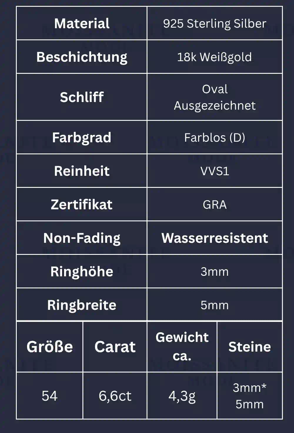 Produktdaten des Moissanite Eternity-Rings – Material, Maße, Gewicht und Steinbesatz auf einen Blick