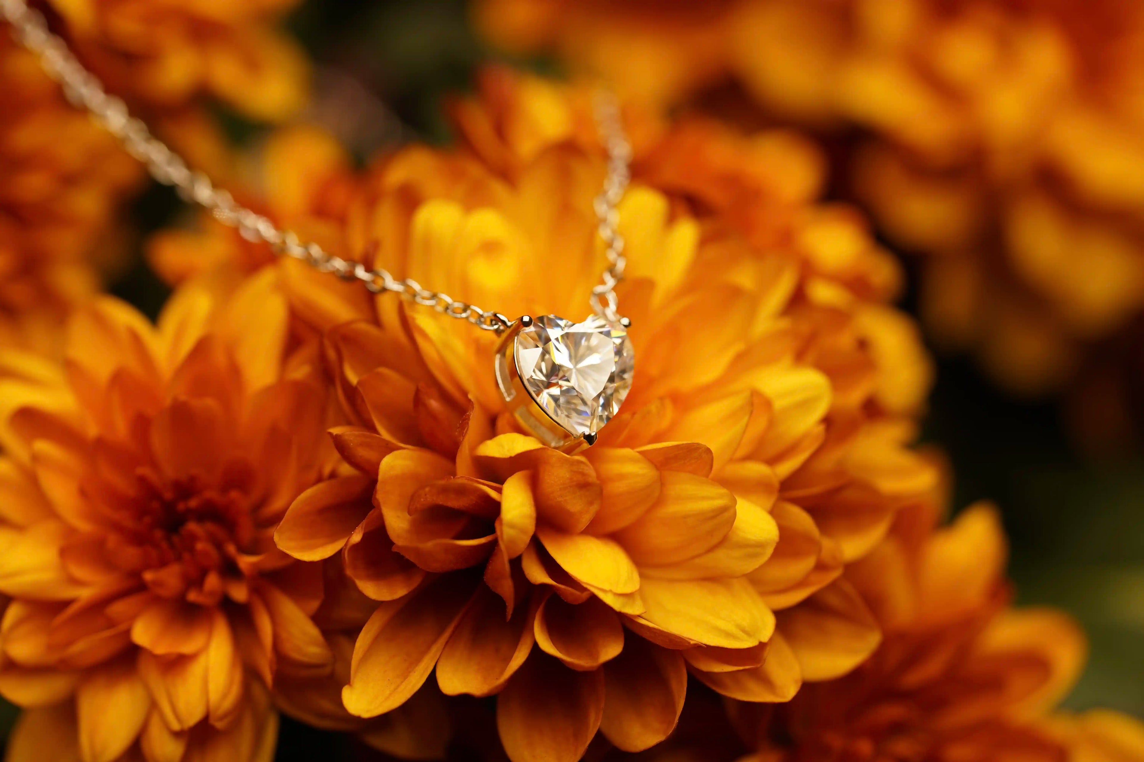 Funkelnde Moissanite Schmuck Halskette mit Moissnaite Herz Schliff gefasst in Sterling Silber und veredelt mit Weißgold