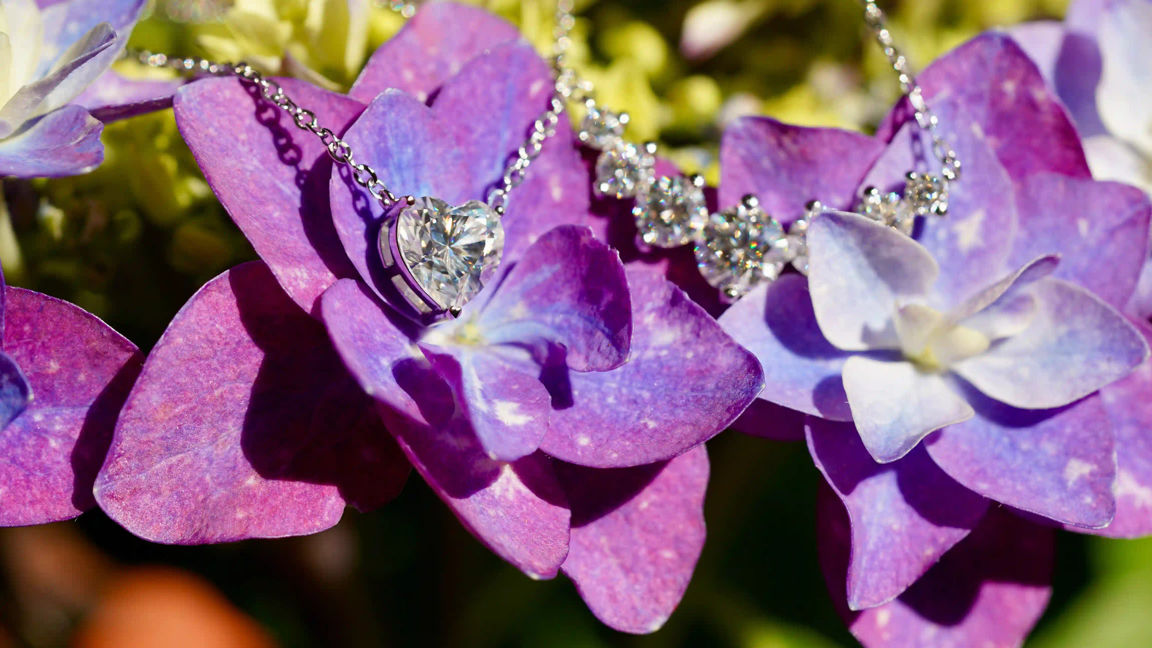 Echte Fotos von Moissanite Anhängern mit ketten auf seltener lila Hortensie mit weißen Punkten und kosmischer Sternenhimmel-Optik