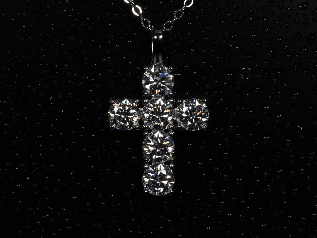 Moissanite Kreuz mit Großen Moissanit Steinen an Silberkette mit Weißgold Finish