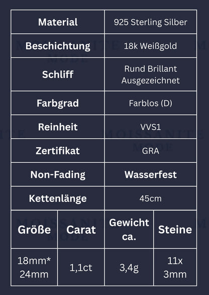 Produktdaten zur Moissanite-Kette mit Kreuz-Anhänger – Maße, Kettenlänge, Steinbesatz, Gewicht und Materialien auf einen Blick