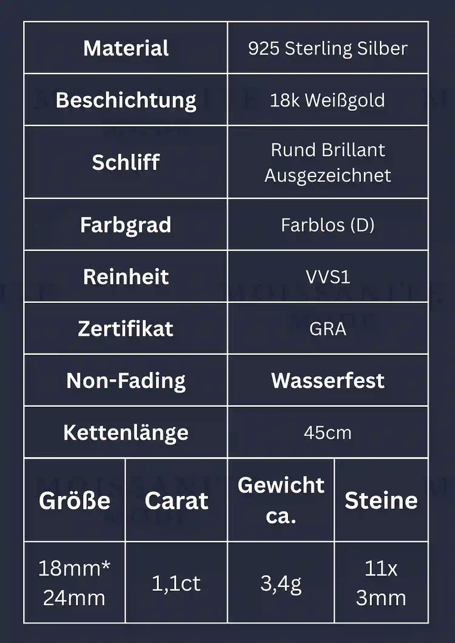 Produktdaten zur Moissanite-Kette mit Kreuz-Anhänger – Maße, Kettenlänge, Steinbesatz, Gewicht und Materialien auf einen Blick