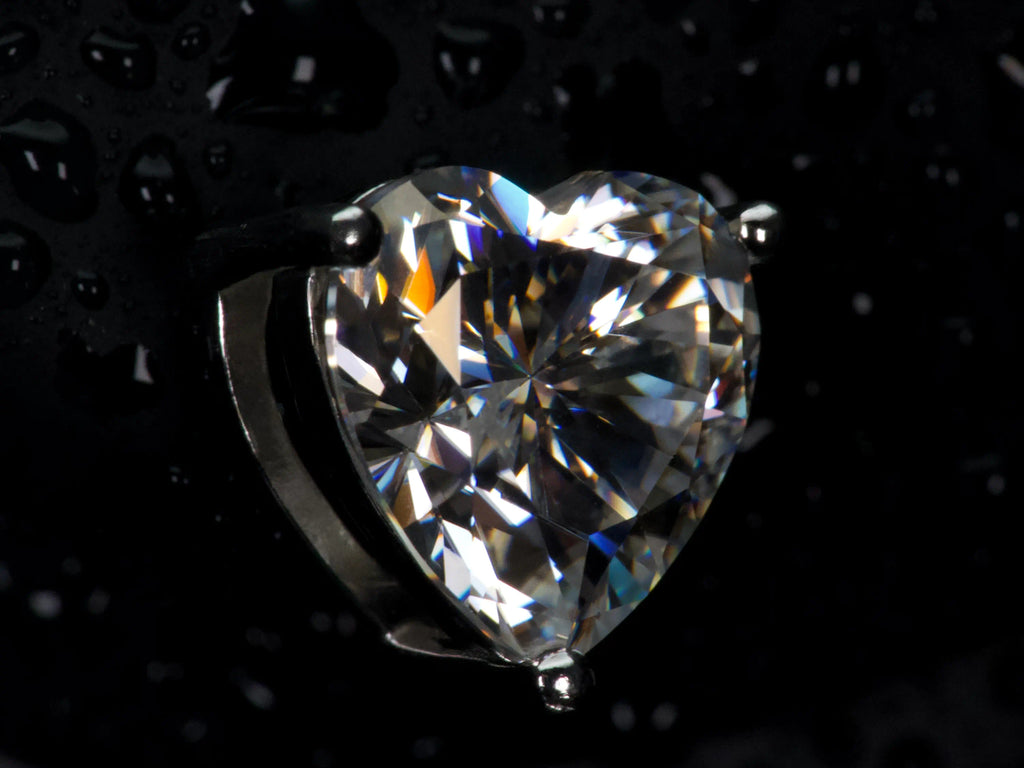 Ultra Makro Aufnahme Moissanite Ohrstecker Herzschliff, extreme Details und Funkeln wie Diamant sichtbar, echte Fotos ohne KI