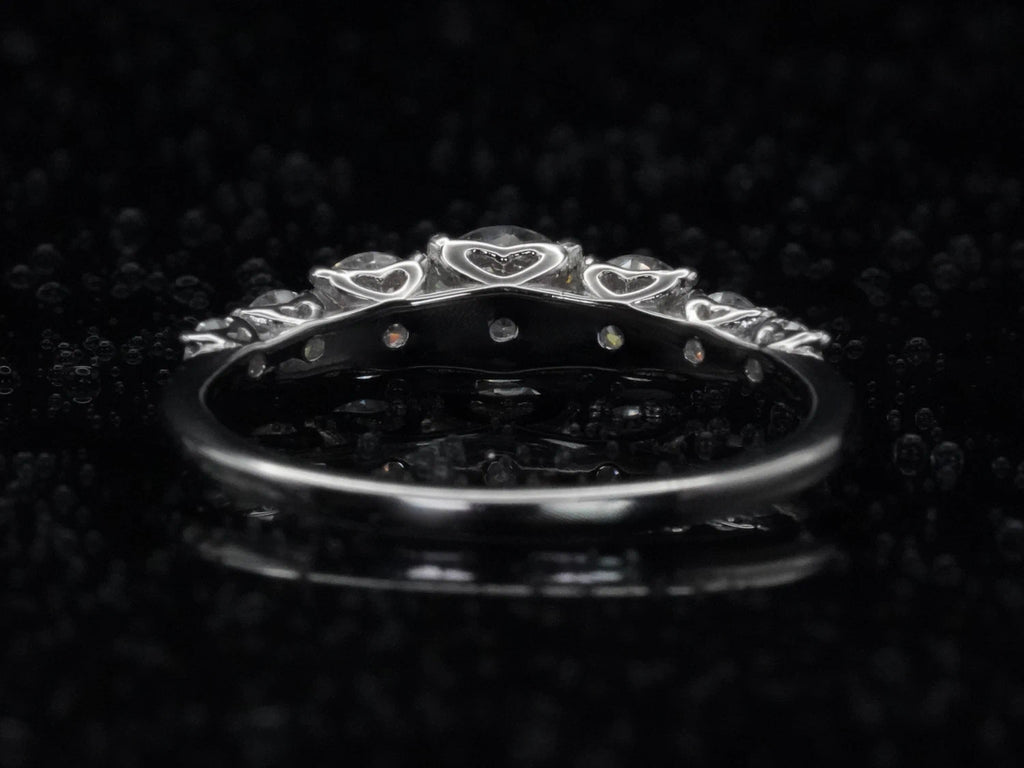 Rückansicht des Moissanite-Rings mit Größenverlauf – zeigt glatte Innenseite der Silberringschiene ohne Steinbesatz