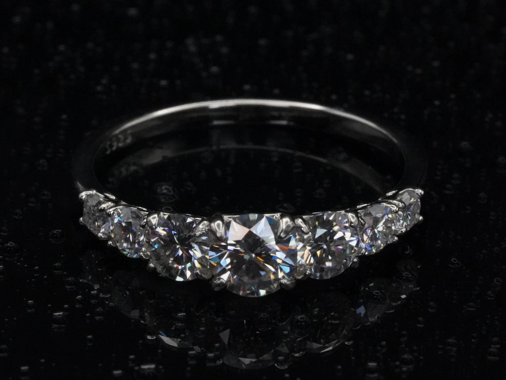 Draufsicht auf den Moissanite-Ring mit Größenverlauf – symmetrisch ansteigende Brillantschliffe von außen zur Mitte auf 925 Silber gefasst