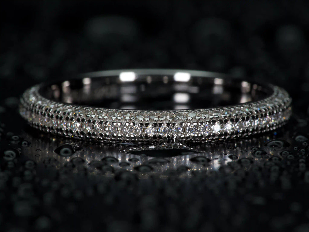 Echte Fotos – Moissanite Pavé Ring 1mm mit starkem Funkeln im direkten Vergleich zu Diamant, 925 Silber & Weißgold, extrem realistische Lichtreflexe