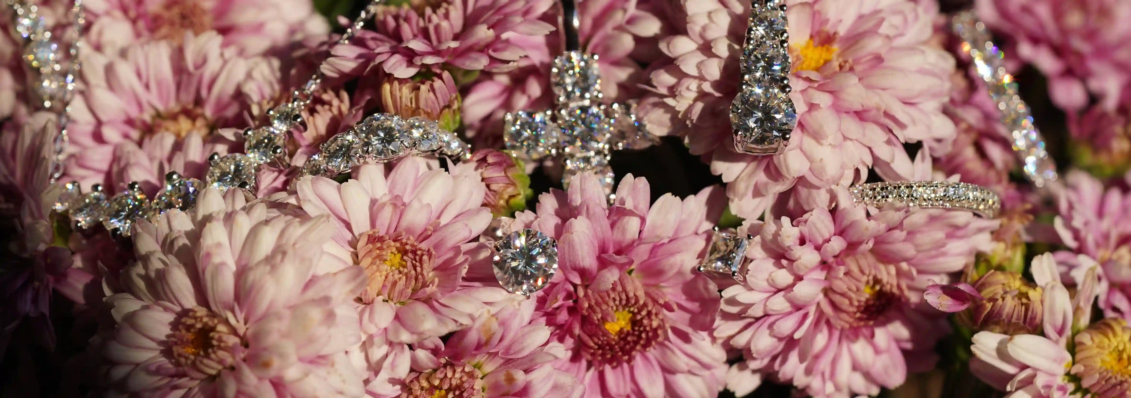 Moissanite Schmuck auf rosa Blumen mit Ohrringen, Ringen und Ketten in natürlichem Licht fotografiert – echte Fotos ohne Glanzfilter