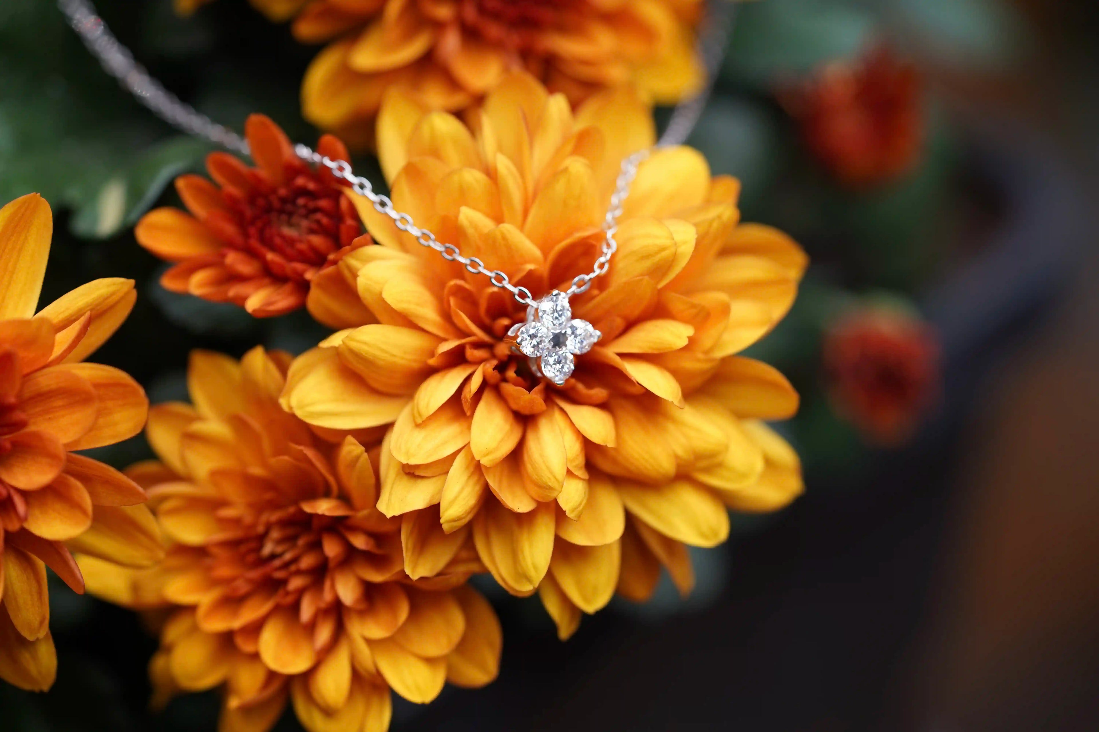 Elegante Moissanite Halskette aus Sterling Silber mit vier 3 mm Moissaniten im Kleeblatt Design – hochwertiger Moissanite Schmuck für Damen.