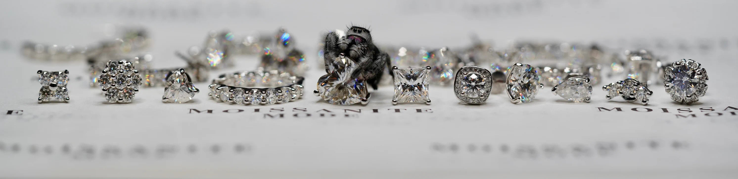 Moissanite Schmuck Ohrringe und Ohrstecker mit Spring Spinne auf einem Moissanite Herz