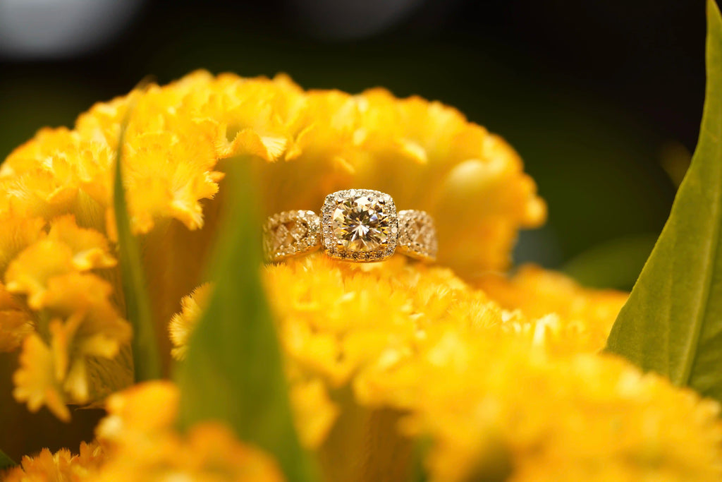 Moissanite Schmuck Halo Ring im Sonnenlicht mit Funkelndem Moissanite Brillant Stein