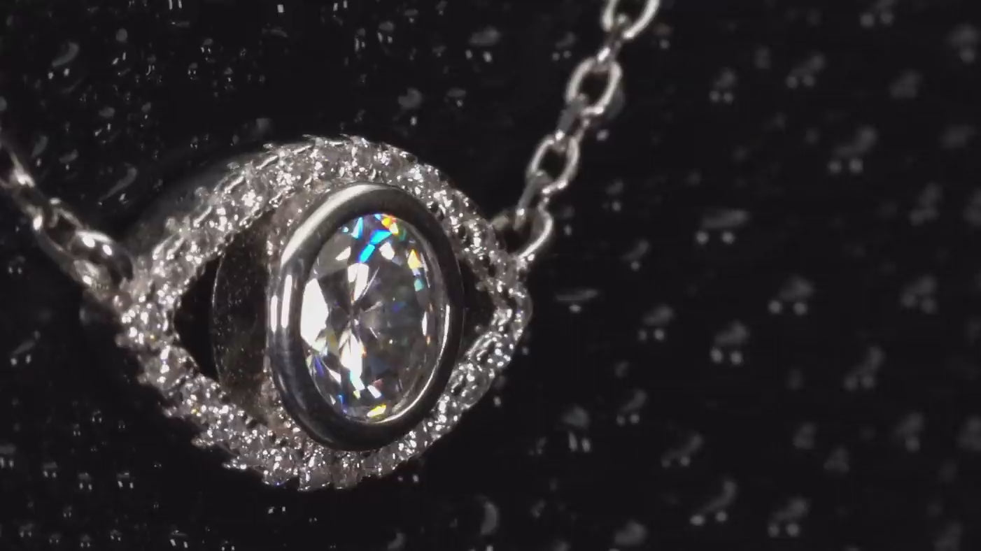 Echte Fotos Video einer Moissanite Kette mit Auge Anhänger (0,5 ct) – intensives Funkeln im echten Licht, sichtbare Lichtbrechung und Feuer, 925 Sterling Silber mit Weißgold Veredelung, auffälliger als Diamant im Vergleich