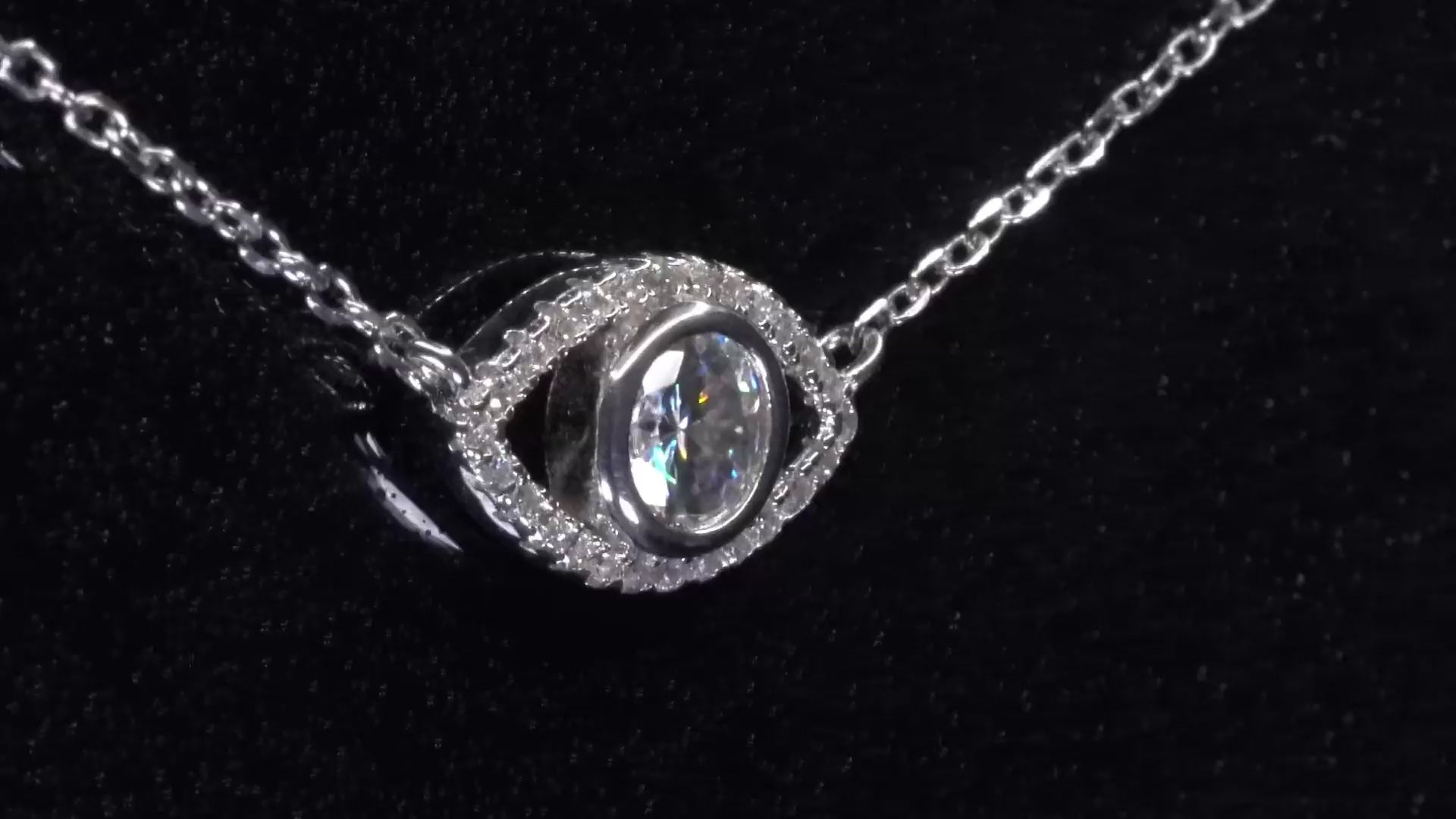 Video-Drehung der Moissanite-Kette mit Auge-Anhänger – zeigt Lichtreflexe des zentralen Steins im spirituellen Eye-Design aus Sterling Silber
