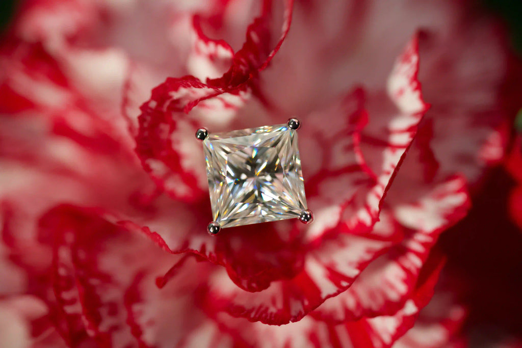 Echte Fotos von Princess Cut Moissanite Ohrsteckern auf roter Blume im echten Licht. Funkelt stärker als Diamanten, mit diamantähnlicher Härte langlebig im Alltag und in verschiedenen Größen erhältlich.