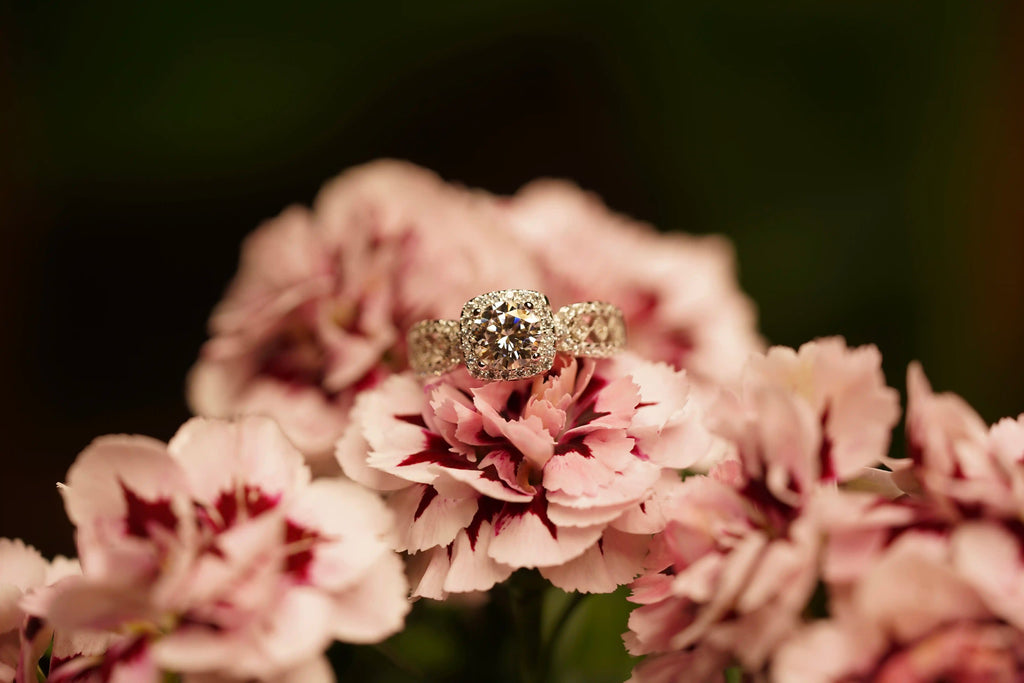 Moissanite Schmuck Ring im Halo Design mit grossen Moissanite in der Mitte und kleinen Zirkon Steinen