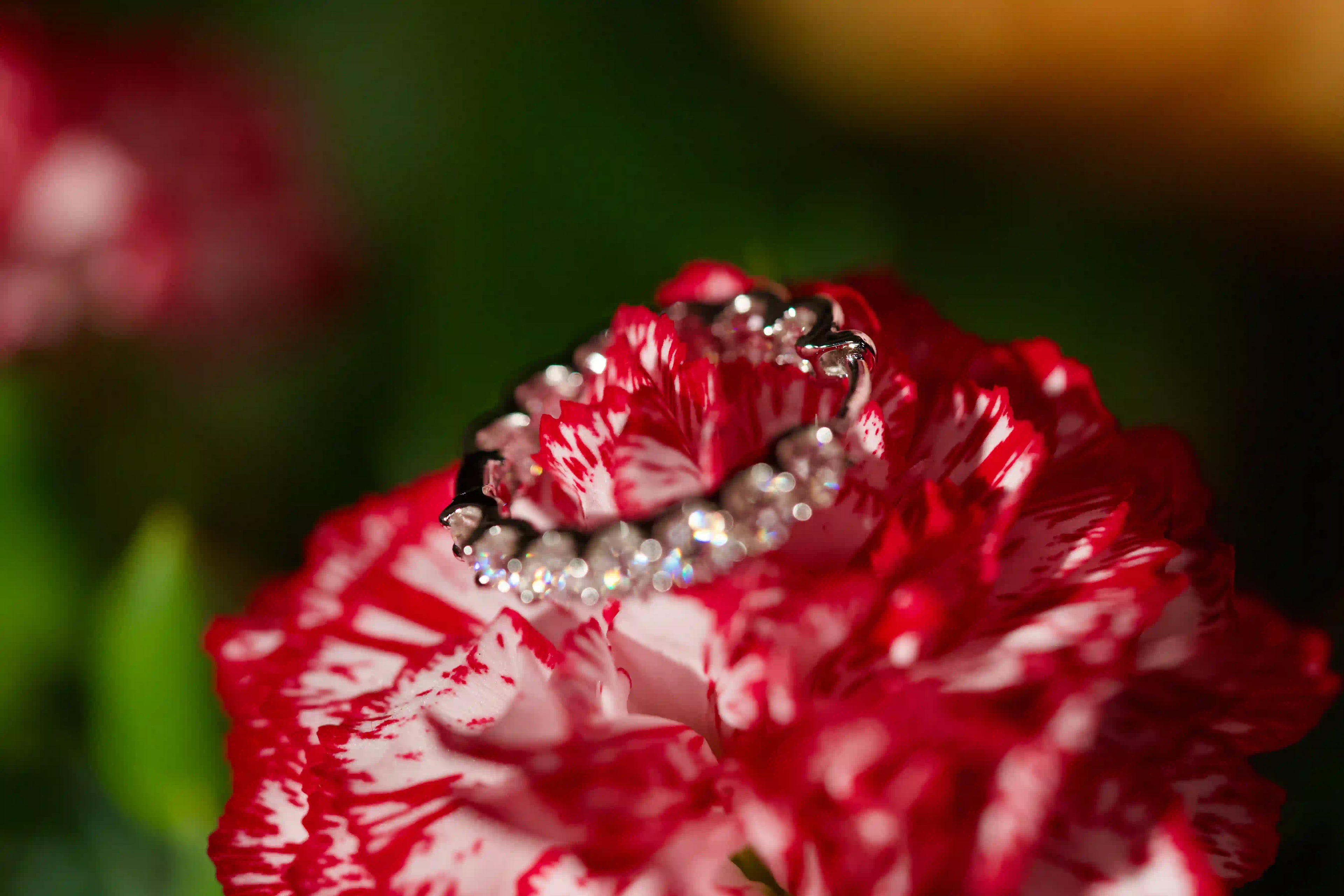 Unscharfe Makroaufnahme großer Moissanite Klapp Creolen mit 3 mm Steinen rundum besetzt. Intensives Regenbogen Funkeln im echten Licht mit buntem Feuer stärker als bei Diamanten. Echte Fotos von 925 Silber und Weißgold Schmuck mit diamantähnlicher Härte für langlebiges Tragen im Alltag.