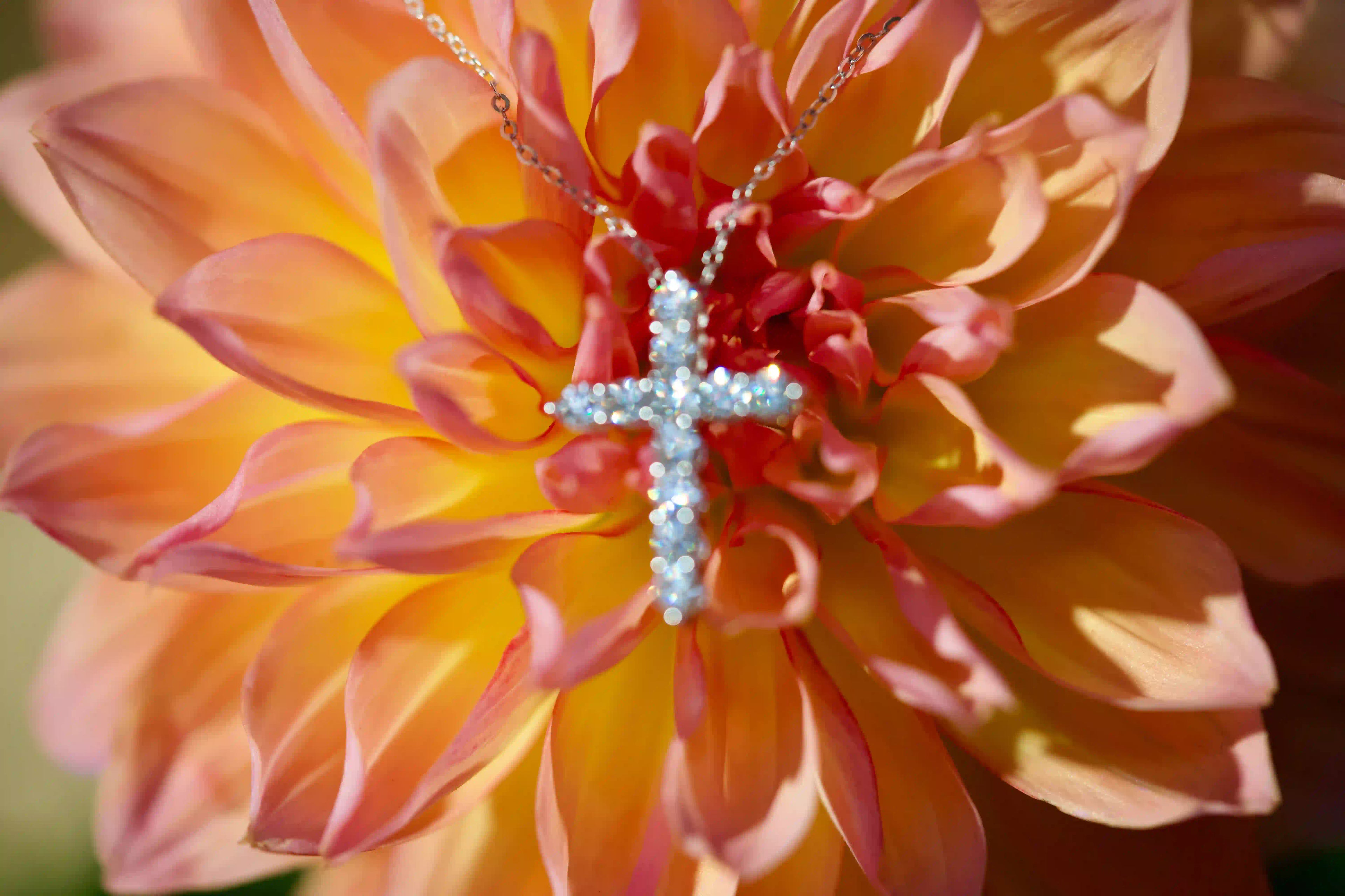 Unscharfe Makroaufnahme einer Moissanite Kreuz Kette mit 3 mm Steinen auf orange roter Blüte. Intensives Regenbogen Funkeln im echten Licht mit buntem Feuer stärker als bei Diamanten. Echte Fotos von 925 Silber und 18K Weißgold Schmuck mit diamantähnlicher Härte für langlebigen Glanz im Alltag.